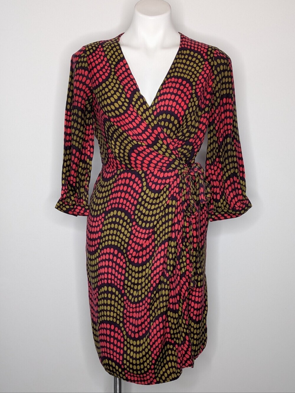 Boden Pink Olive Green Purple Wavy Dot Knee Length Wrap Dress 6